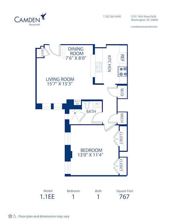 Blueprint of 1.1EE Floor Plan, 1 Bedroom and 1 Bathroom at Camden Roosevelt Apartments in Washington, DC