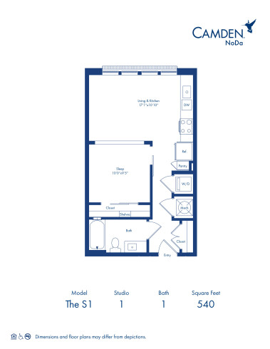 The S1 floor plan, studio with 1 bath at Camden NoDa Apartments in Charlotte, NC