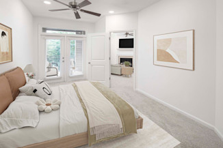 Bedrooms with private balconies at Camden Monument Place apartments in Fairfax, VA