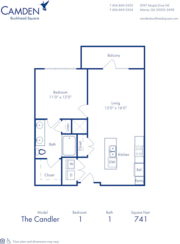 Blueprint of Candler Floor Plan, 1 Bedroom and 1 Bathroom at Camden Buckhead Square Apartments in Atlanta, GA
