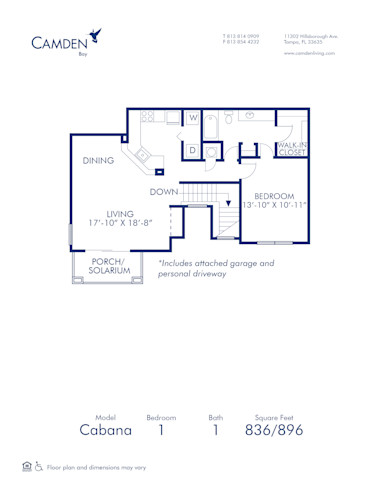 Blueprint of Cabana (Solarium) Floor Plan, 1 Bedroom and 1 Bathroom at Camden Bay Apartments in Tampa, FL