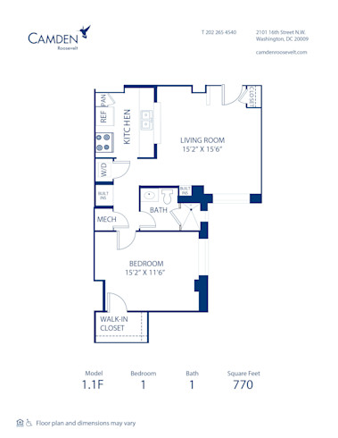Blueprint of 1.1F Floor Plan, 1 Bedroom and 1 Bathroom at Camden Roosevelt Apartments in Washington, DC