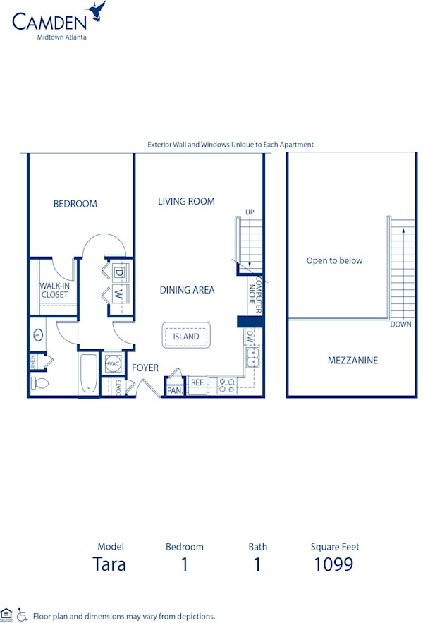 Blueprint of Tara Floor Plan, 1 Bedroom and 1 Bathroom at Camden Midtown Atlanta Apartments in Atlanta, GA