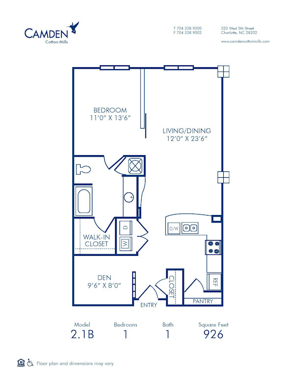 Blueprint of 2.1B Floor Plan, 1 Bedroom and 1 Bathroom with Den at Camden Cotton Mills Apartments in Charlotte, NC