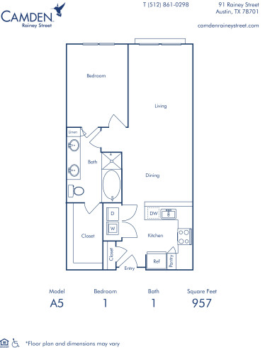 Camden Rainey Street apartments in Austin, TX one bedroom floor plan A5