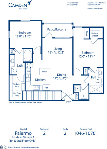 Blueprint of Palermo Estates  - Garage1 Floor Plan, 2 Bedrooms and 2 Bathrooms at Camden Riverwalk Apartments in Grapevine, TX