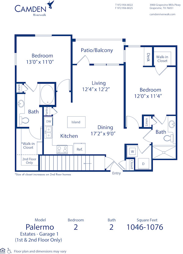 Blueprint of Palermo Estates  - Garage1 Floor Plan, 2 Bedrooms and 2 Bathrooms at Camden Riverwalk Apartments in Grapevine, TX