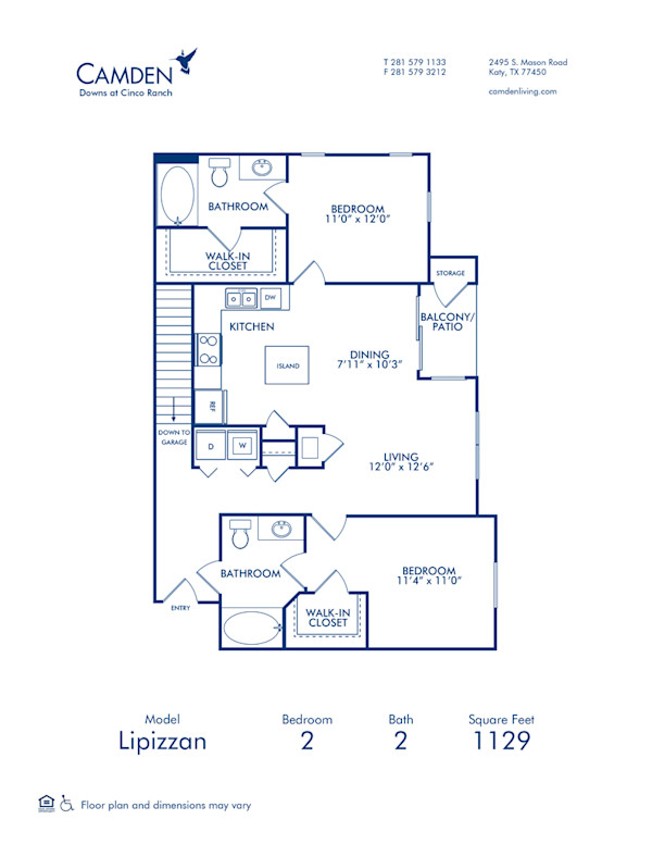 Blueprint of Lippizan Floor Plan, 2 Bedrooms and 2 Bathrooms at Camden Downs at Cinco Ranch Apartments in Katy, TX