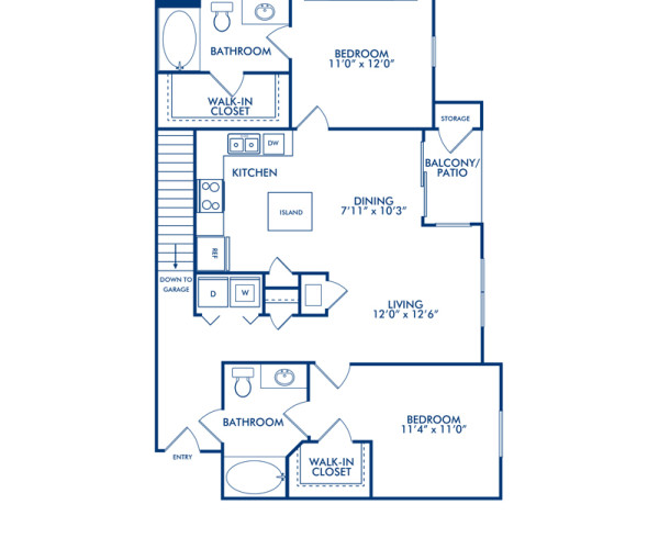 Blueprint of Lippizan Floor Plan, 2 Bedrooms and 2 Bathrooms at Camden Downs at Cinco Ranch Apartments in Katy, TX