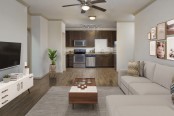 Open kitchen and living room wood inspired flooring led track lighting and lighted ceiling fan