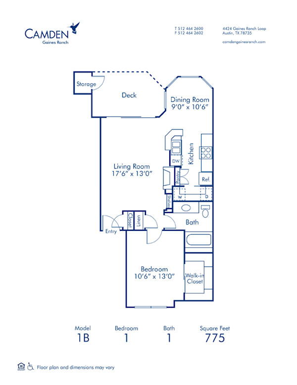 Blueprint of 1B Floor Plan, 1 Bedroom and 1 Bathroom at Camden Gaines Ranch Apartments in Austin, TX