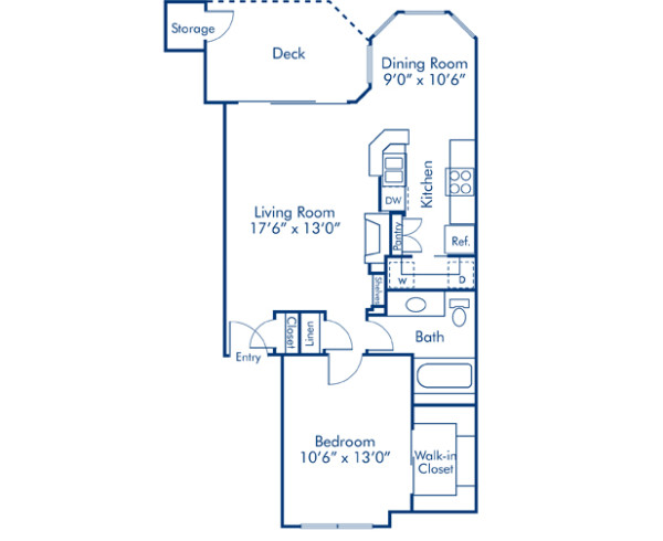 Blueprint of 1B Floor Plan, 1 Bedroom and 1 Bathroom at Camden Gaines Ranch Apartments in Austin, TX