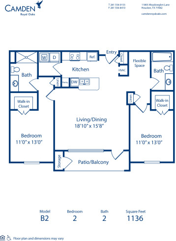 B2 floor plan, 2 bed and 2 bath, at Camden Royal Oaks Apartments in Houston, TX