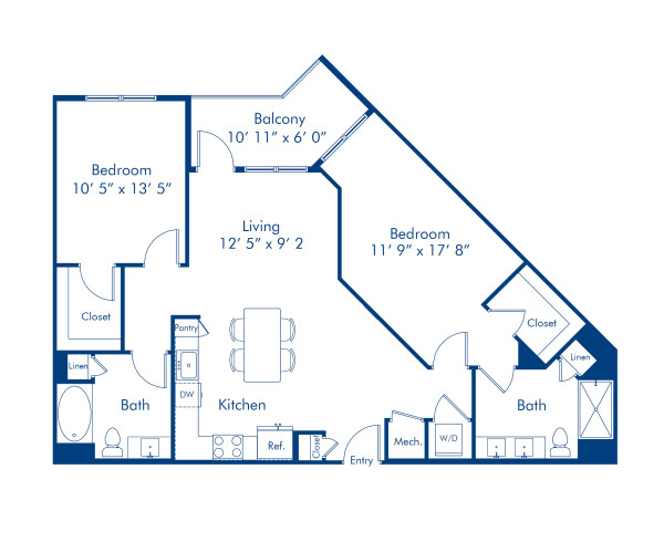 Blueprint of the B2C Two Bedroom, Two Bathroom Floor Plan at Camden Carolinian Apartments in Raleigh, NC