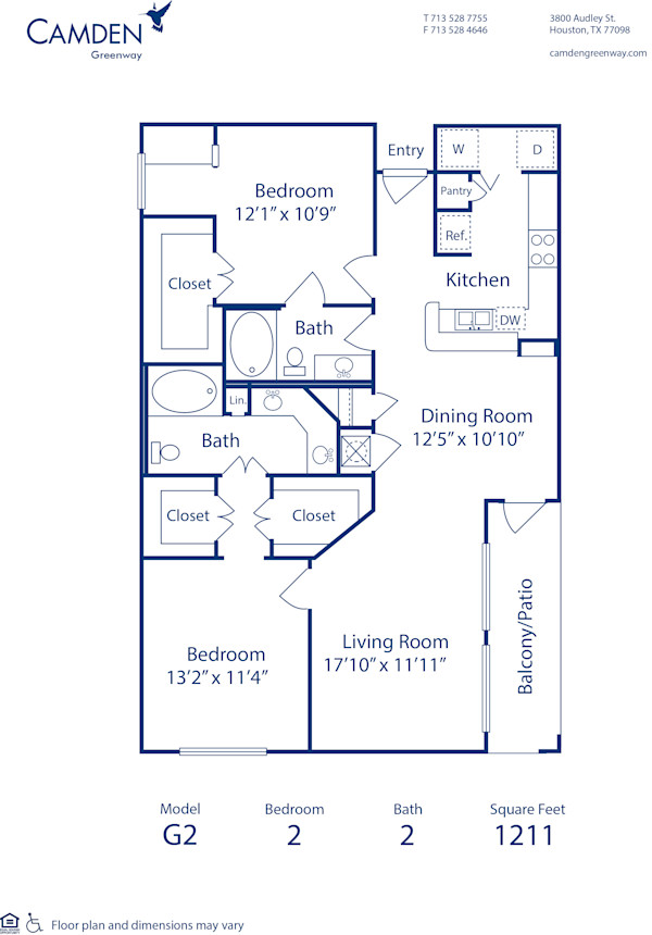 Blueprint of G2 Floor Plan, 2 Bedrooms and 2 Bathrooms at Camden Greenway Apartments in Houston, TX