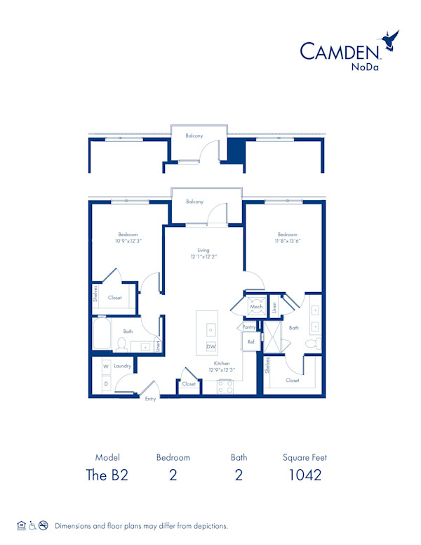 The B2 floor plan at Camden NoDa in Charlotte, NC - 2 bed, 2 bath floor plan at 1042 square feet