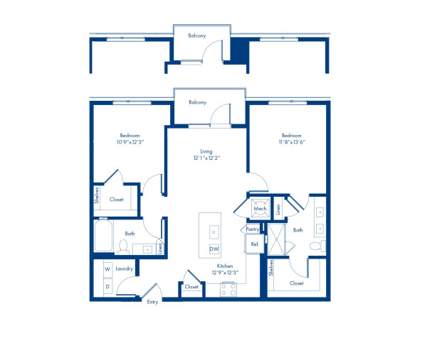 The B2 floor plan at Camden NoDa in Charlotte, NC - 2 bed, 2 bath floor plan at 1042 square feet