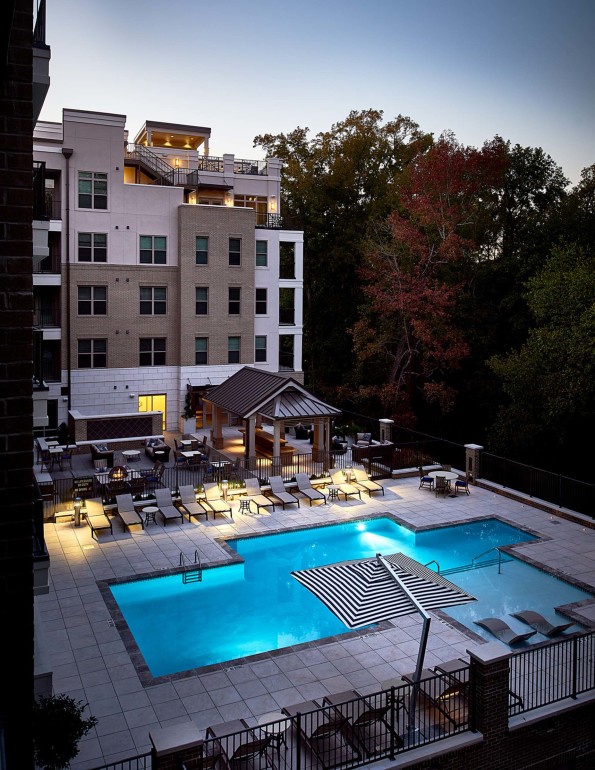 Outdoor pool nightime view
