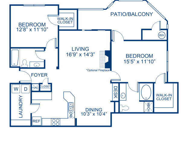 Blueprint of 2.2R Floor Plan, 2 Bedrooms and 2 Bathrooms at Camden Lansdowne Apartments in Lansdowne, VA