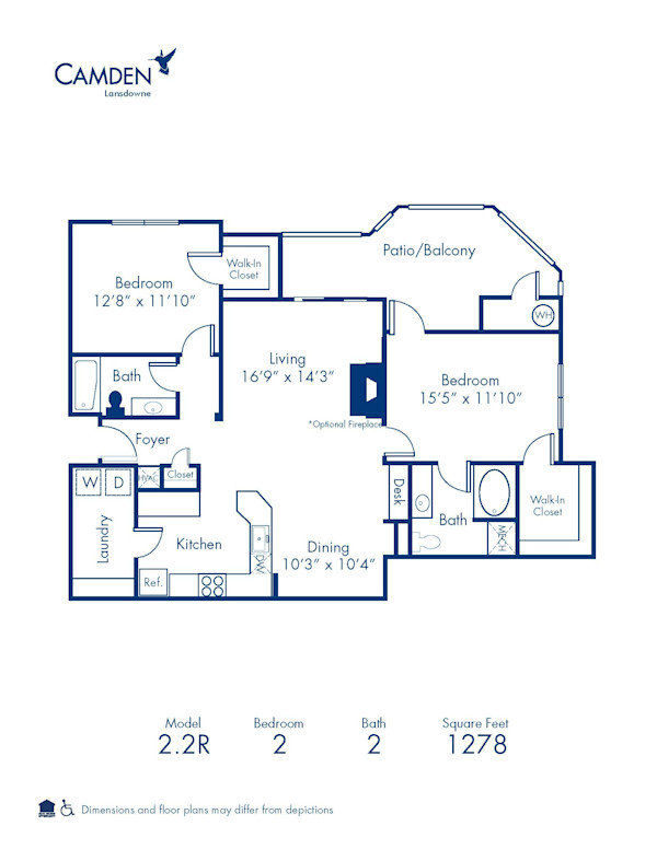 Blueprint of 2.2R Floor Plan, 2 Bedrooms and 2 Bathrooms at Camden Lansdowne Apartments in Lansdowne, VA