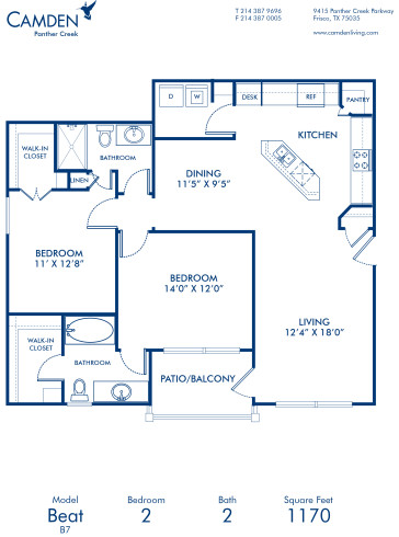 Blueprint of Beat Floor Plan, 2 Bedrooms and 2 Bathrooms at Camden Panther Creek Apartments in Frisco, TX