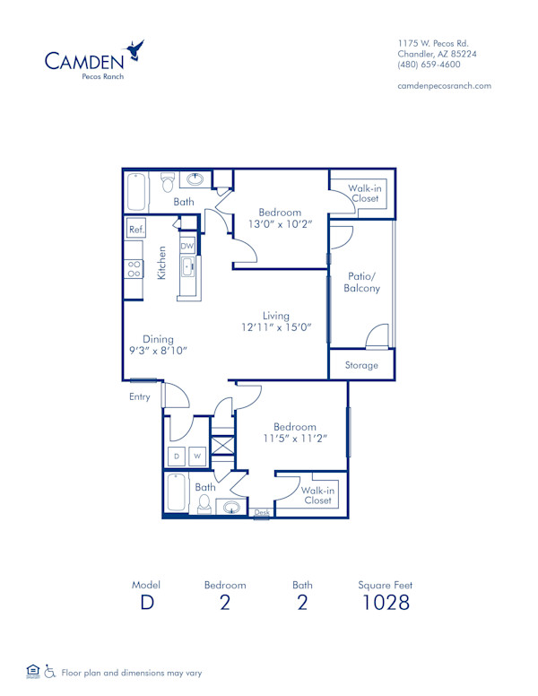 Blueprint of D Floor Plan, 2 Bedrooms and 2 Bathrooms at Camden Pecos Ranch Apartments in Chandler, AZ