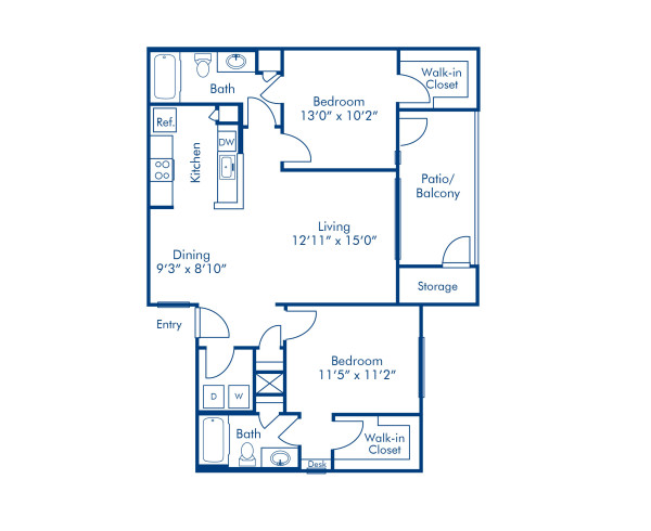 Blueprint of D Floor Plan, 2 Bedrooms and 2 Bathrooms at Camden Pecos Ranch Apartments in Chandler, AZ