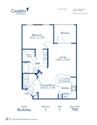 Blueprint of Berkeley Floor Plan, 1 Bedroom and 1 Bathroom at Camden Westchase Park Apartments in Tampa, FL