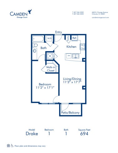 Blueprint of Drake Floor Plan, 1 Bedroom and 1 Bathroom at Camden Orange Court Apartments in Orlando, FL