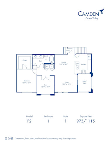 Blueprint of F 2 Floor Plan, 1 Bedroom with Den and 1 Bathroom at Camden Crown Valley Apartments in Mission Viejo, CA