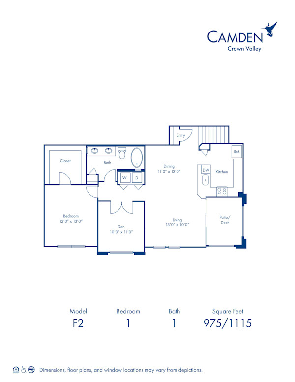 Blueprint of F 2 Floor Plan, 1 Bedroom with Den and 1 Bathroom at Camden Crown Valley Apartments in Mission Viejo, CA