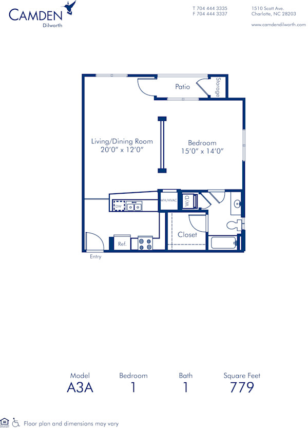 Blueprint of A3A Floor Plan, 1 Bedroom and 1 Bathroom at Camden Dilworth Apartments in Charlotte, NC