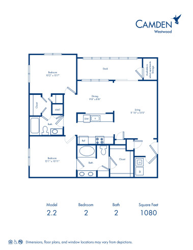 Blueprint of 2.2 Floor Plan, 2 Bedrooms and 2 Bathrooms at Camden Westwood Apartments in Morrisville, NC