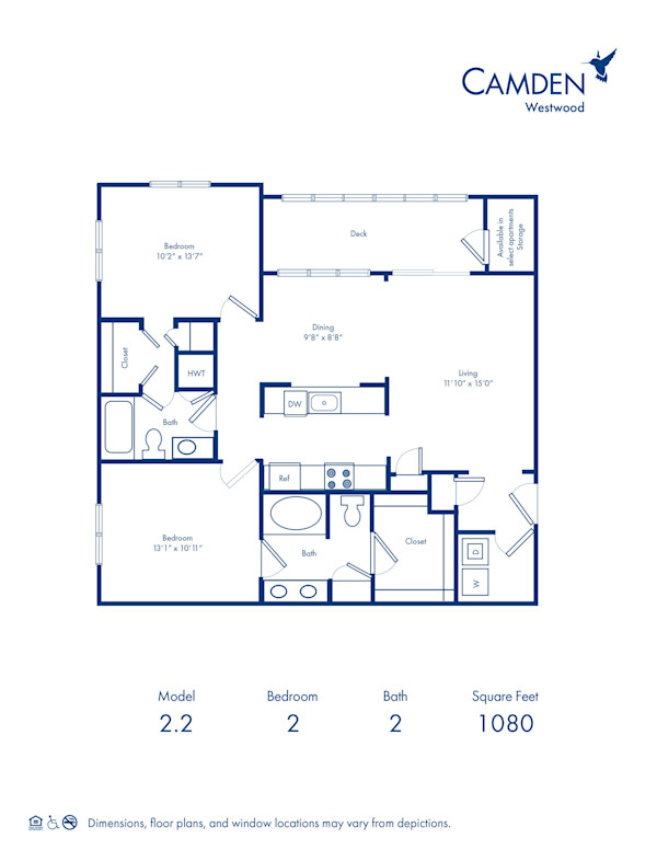 Blueprint of 2.2 Floor Plan, 2 Bedrooms and 2 Bathrooms at Camden Westwood Apartments in Morrisville, NC