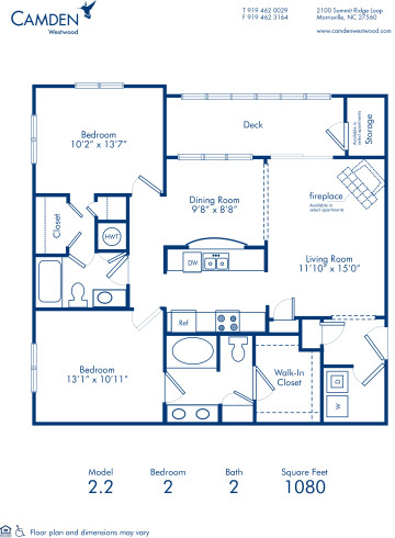 Blueprint of 2.2 Floor Plan, 2 Bedrooms and 2 Bathrooms at Camden Westwood Apartments in Morrisville, NC