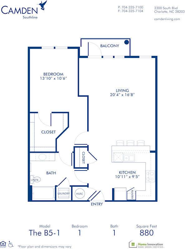 Blueprint of B5-1 Floor Plan, 1 Bedroom and 1 Bathroom at Camden Southline Apartments in Charlotte, NC