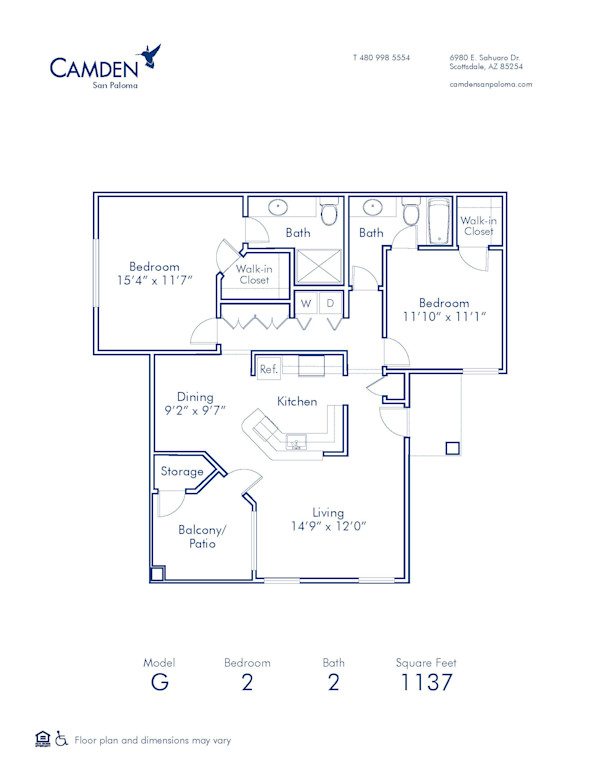 Blueprint of G Floor Plan, 2 Bedrooms and 2 Bathrooms at Camden San Paloma Apartments in Scottsdale, AZ