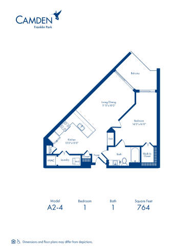 A2-4 floor plan, 1 bedroom, 1 bathroom, 764 square feet at Camden Franklin Park in Franklin, TN