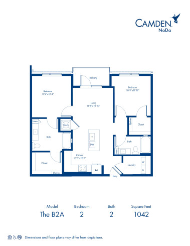 The B2A floor plan, 2 bed, 2 bath at Camden NoDa Apartments in Charlotte, NC