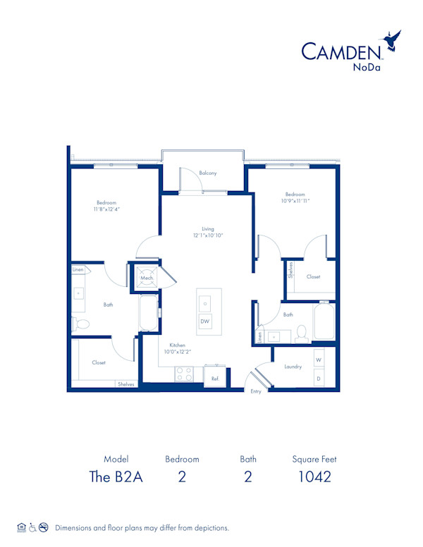 The B2A floor plan, 2 bed, 2 bath at Camden NoDa Apartments in Charlotte, NC