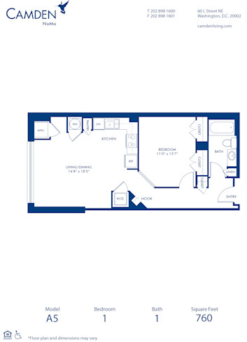 Blueprint of A5 Floor Plan, 1 Bedroom and 1 Bathroom at Camden NoMa Apartments in Washington, DC