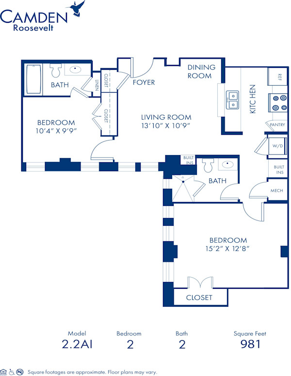 Blueprint of 2.2AI Floor Plan, 2 Bedrooms and 2 Bathrooms at Camden Roosevelt Apartments in Washington, DC