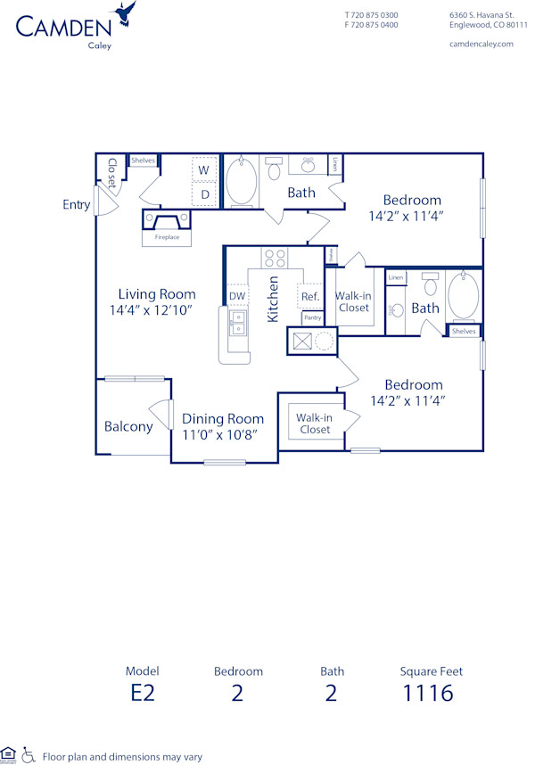 Blueprint of E 2 Floor Plan, 2 Bedrooms and 2 Bathrooms at Camden Caley Apartments in Englewood, CO