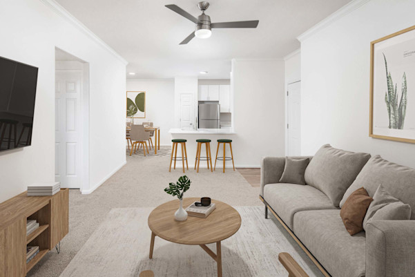 Modern style living room with open-concept living at Camden Spring Creek Apartments in Spring, TX