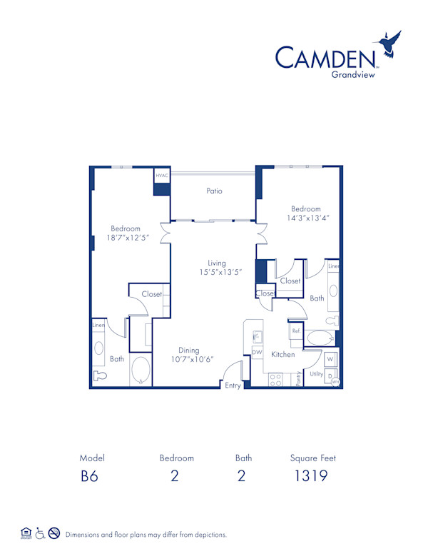 Blueprint of The Buckhead Floor Plan, 2 Bedrooms and 2 Bathrooms at Camden Grandview Apartments in Charlotte, NC