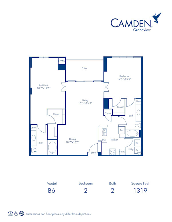 Blueprint of The Buckhead Floor Plan, 2 Bedrooms and 2 Bathrooms at Camden Grandview Apartments in Charlotte, NC