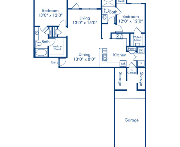 Blueprint of Franklin - G Floor Plan, 2 Bedrooms and 2 Bathrooms at Camden Cypress Creek Apartments in Cypress, TX
