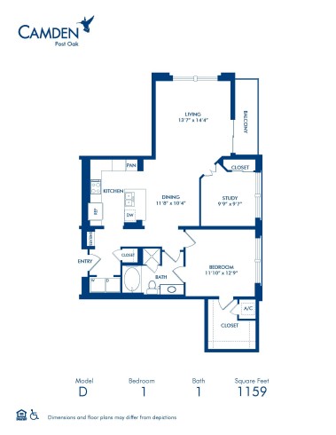 Blueprint of D210 Floor Plan, 1 Bedroom and 1 Bathroom at Camden Post Oak Apartments in Houston, TX