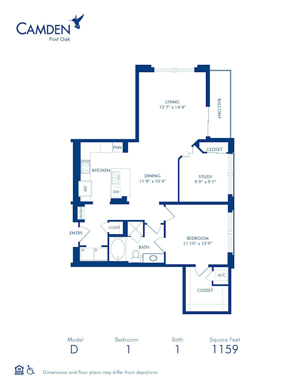 Blueprint of D210 Floor Plan, 1 Bedroom and 1 Bathroom at Camden Post Oak Apartments in Houston, TX