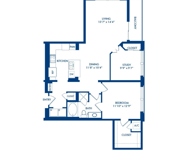 Blueprint of D210 Floor Plan, 1 Bedroom and 1 Bathroom at Camden Post Oak Apartments in Houston, TX